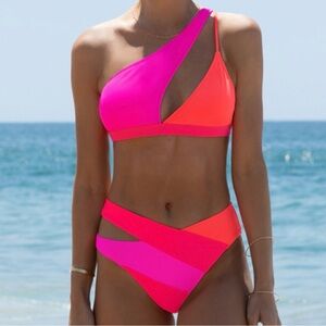 Cutout One-Shoulder Color Block Bikini Set